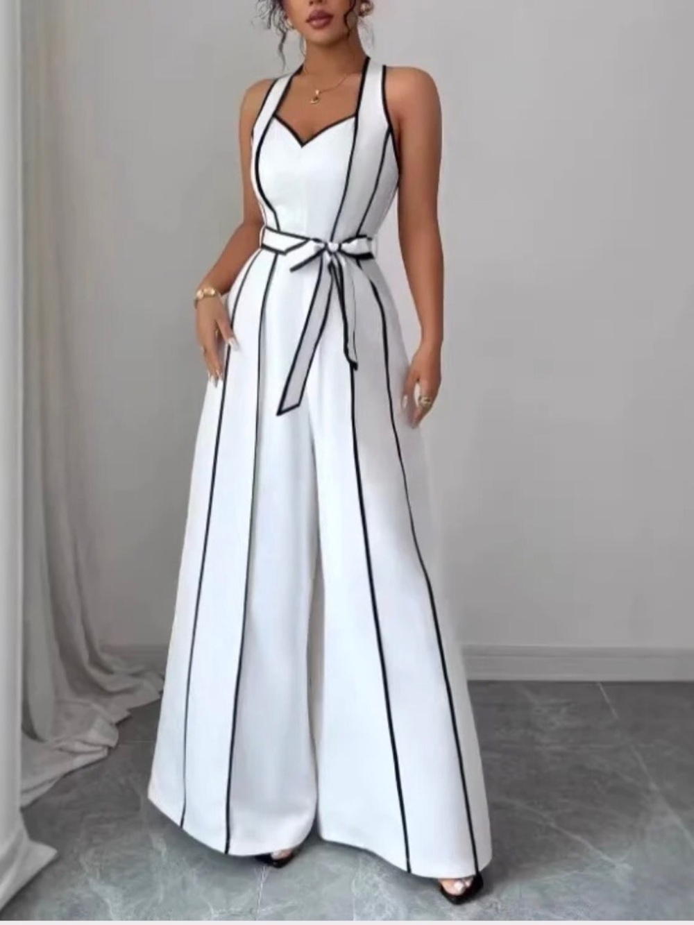 Elegant White Halter Jumpsuit W/Black Piping & Tie Waist Wide Leg Size-M NIB